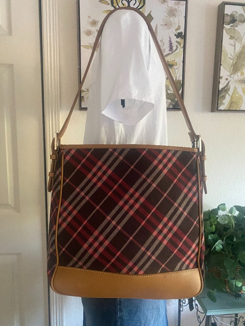 Burberry Brown and Red Plaid Shoulder Bag with Tan Trim